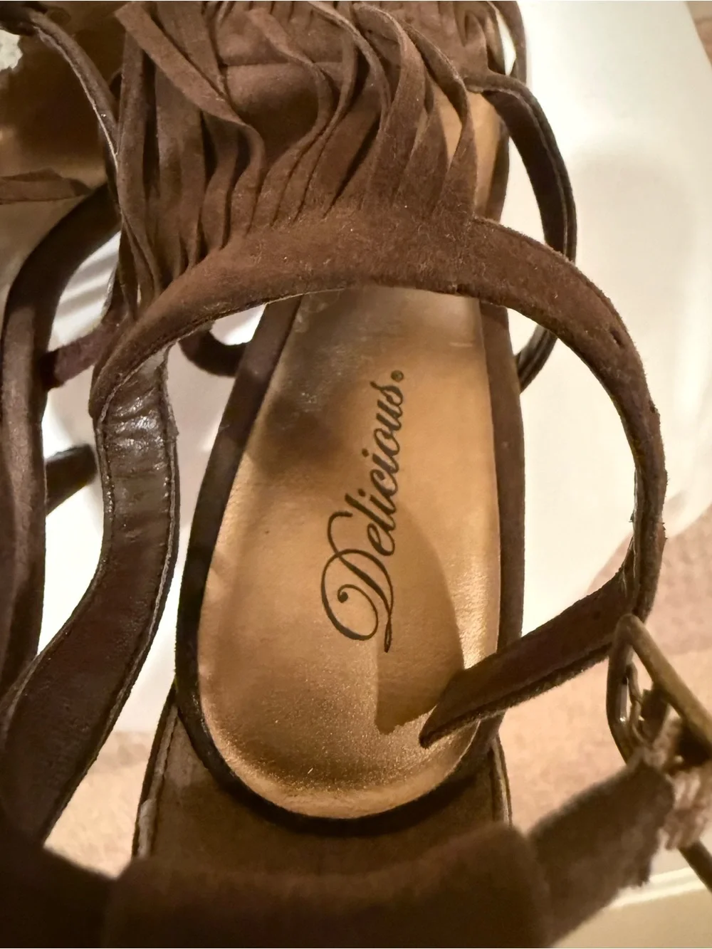 Delicious Brown Suede Multi-Tiered Fringe High Heel Sandals Size 9